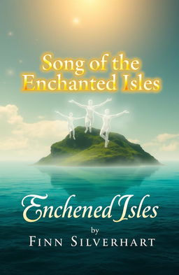 A serene, mystical island surrounded by turquoise waters under a softly glowing, golden sky