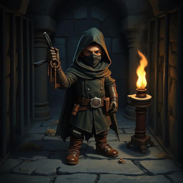 A mysterious thief character, styled in Dungeons & Dragons aesthetics, stands confidently