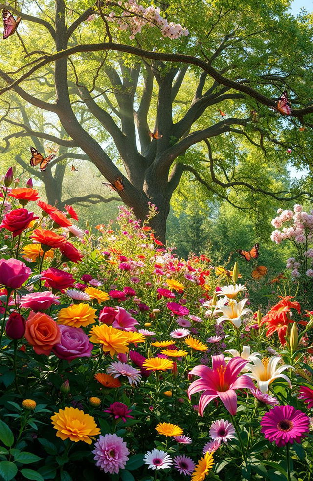 A vibrant and enchanting landscape featuring a variety of colorful flowers blooming in a lush garden surrounded by tall, leafy trees