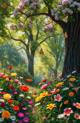 A vibrant and enchanting landscape featuring a variety of colorful flowers blooming in a lush garden surrounded by tall, leafy trees