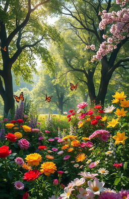 A vibrant and enchanting landscape featuring a variety of colorful flowers blooming in a lush garden surrounded by tall, leafy trees