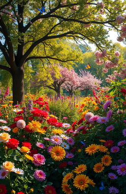 A vibrant and enchanting landscape featuring a variety of colorful flowers blooming in a lush garden surrounded by tall, leafy trees