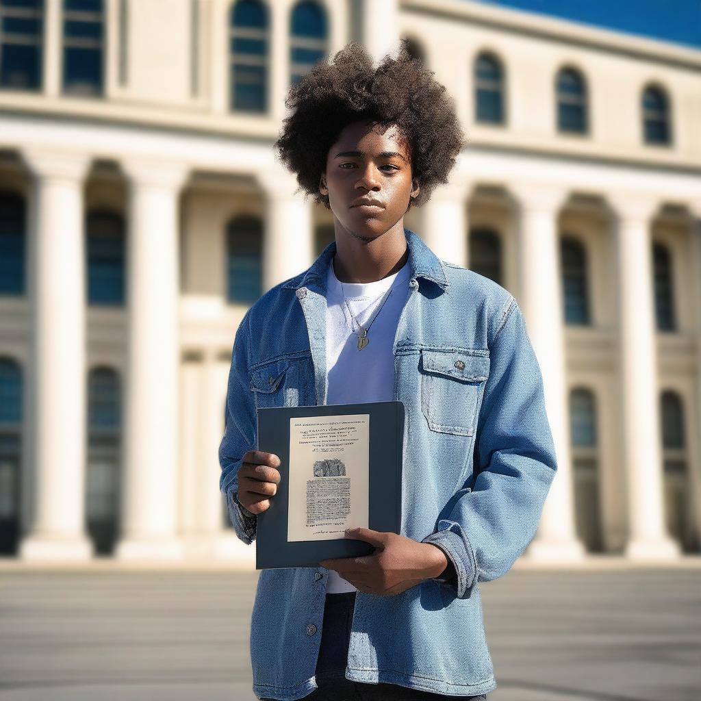 Create an inspiring image of a young African American man standing confidently outside of San Quentin prison, proudly holding a book that symbolizes the power of education