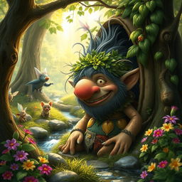 A whimsical troll character nestled in a lush, enchanted forest, surrounded by vibrant greenery and colorful flowers