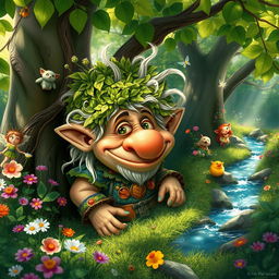 A whimsical troll character nestled in a lush, enchanted forest, surrounded by vibrant greenery and colorful flowers