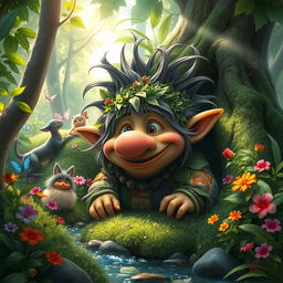 A whimsical troll character nestled in a lush, enchanted forest, surrounded by vibrant greenery and colorful flowers