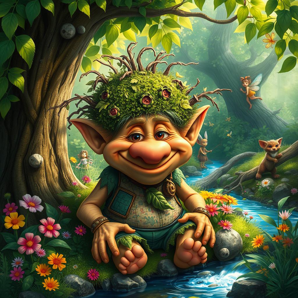 A whimsical troll character nestled in a lush, enchanted forest, surrounded by vibrant greenery and colorful flowers