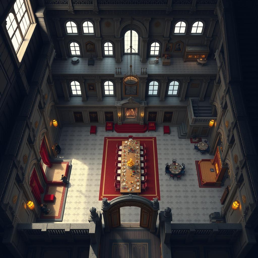 Design an elaborate Dungeons & Dragons map for a royal King's Ball, featuring both a grand first floor and an elegant second floor