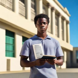 Create an inspiring image of a young African American man standing confidently outside of San Quentin prison, proudly holding a book that symbolizes the power of education