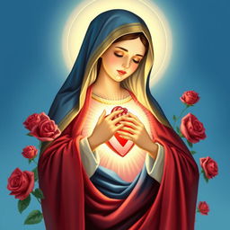 A beautiful and reverent illustration of the Immaculate Heart of Mary, showcasing her in a gentle and compassionate pose