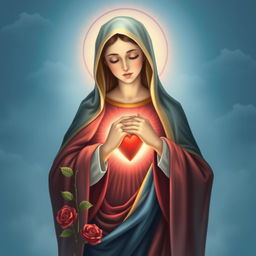 A beautiful and reverent illustration of the Immaculate Heart of Mary, showcasing her in a gentle and compassionate pose
