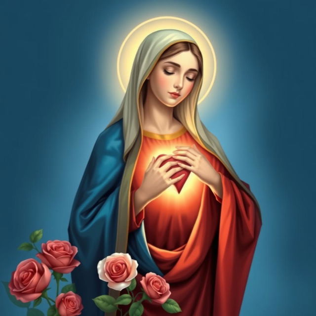 A beautiful and reverent illustration of the Immaculate Heart of Mary, showcasing her in a gentle and compassionate pose