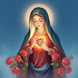 A beautiful and reverent illustration of the Immaculate Heart of Mary, showcasing her in a gentle and compassionate pose