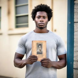 Create an inspiring image of a young African American man standing confidently outside of San Quentin prison, proudly holding a book that symbolizes the power of education