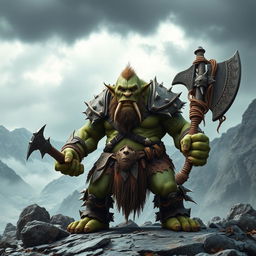 A fierce troll warrior standing boldly on a rocky terrain, with a backdrop of a rugged, misty mountain landscape