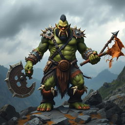 A fierce troll warrior standing boldly on a rocky terrain, with a backdrop of a rugged, misty mountain landscape