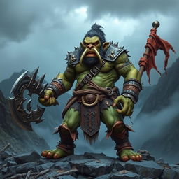 A fierce troll warrior standing boldly on a rocky terrain, with a backdrop of a rugged, misty mountain landscape