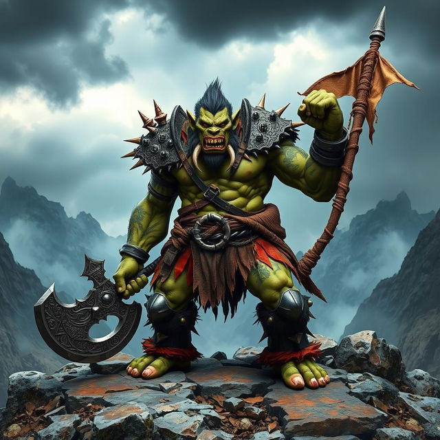 A fierce troll warrior standing boldly on a rocky terrain, with a backdrop of a rugged, misty mountain landscape