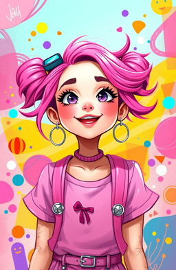 A vibrant and playful depiction of a girl named Fatemeh, featuring her with bright pink hair styled in an eye-catching fashion