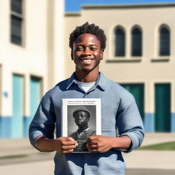 Create an inspiring image of a young African American man standing confidently outside of San Quentin prison, proudly holding a book that symbolizes the power of education