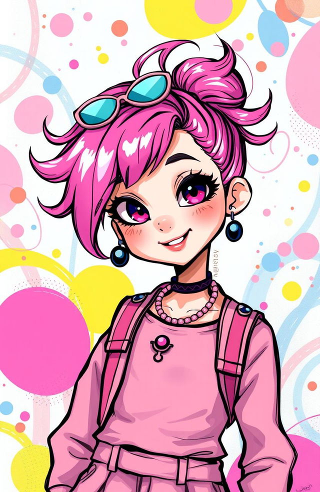 A vibrant and playful depiction of a girl named Fatemeh, featuring her with bright pink hair styled in an eye-catching fashion