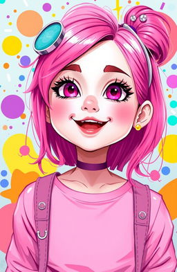 A vibrant and playful depiction of a girl named Fatemeh, featuring her with bright pink hair styled in an eye-catching fashion