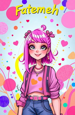 A vibrant and playful depiction of a girl named Fatemeh, featuring her with bright pink hair styled in an eye-catching fashion
