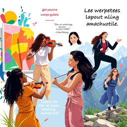 A vibrant and motivational scene depicting women of diverse backgrounds passionately pursuing their goals