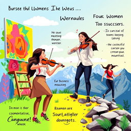 A vibrant and motivational scene depicting women of diverse backgrounds passionately pursuing their goals
