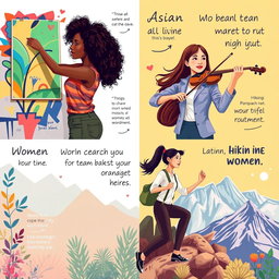 A vibrant and motivational scene depicting women of diverse backgrounds passionately pursuing their goals