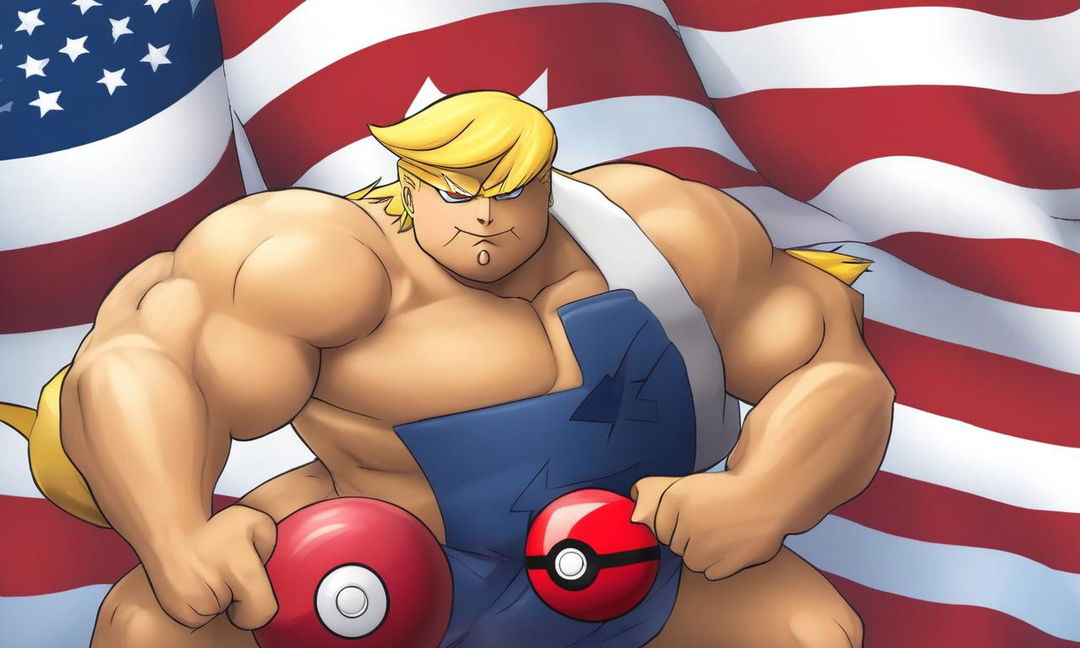 Cartoon image of a muscular Donald Trump as a Pokemon character, holding a stylized Pokeball against an American flag backdrop