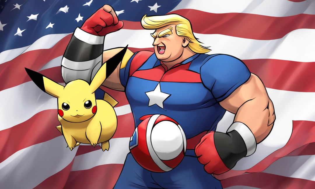 Cartoon image of a muscular Donald Trump as a Pokemon character, holding a stylized Pokeball against an American flag backdrop