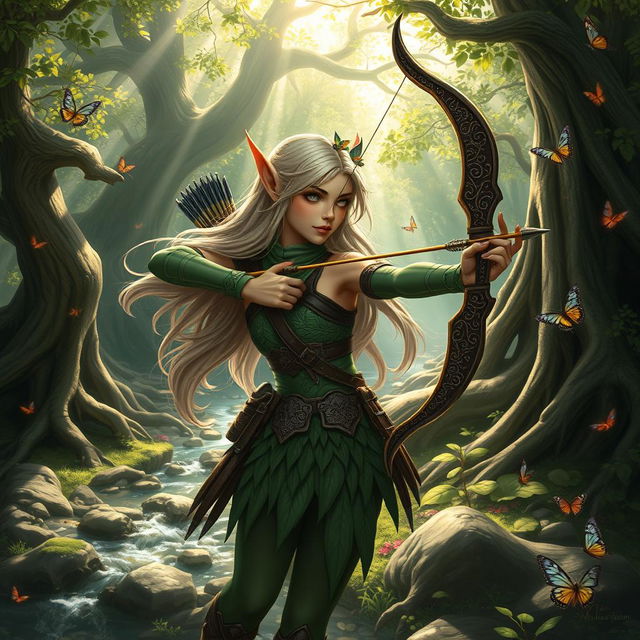 A graceful forest elf archer poised amidst a mystical woodland scene, with dappled sunlight filtering through the leaves