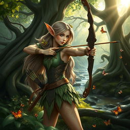 A graceful forest elf archer poised amidst a mystical woodland scene, with dappled sunlight filtering through the leaves