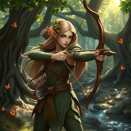 A graceful forest elf archer poised amidst a mystical woodland scene, with dappled sunlight filtering through the leaves