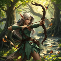 A graceful forest elf archer poised amidst a mystical woodland scene, with dappled sunlight filtering through the leaves