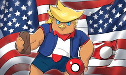 Cartoon image of a muscular Donald Trump as a Pokemon character, holding a stylized Pokeball against an American flag backdrop