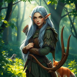 A beautiful female forest elf ranger standing elegantly in a lush, green forest