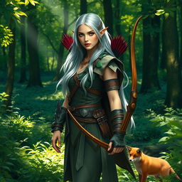 A beautiful female forest elf ranger standing elegantly in a lush, green forest