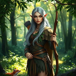 A beautiful female forest elf ranger standing elegantly in a lush, green forest