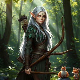 A beautiful female forest elf ranger standing elegantly in a lush, green forest