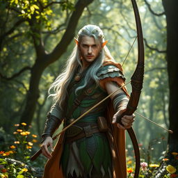 A majestic male forest elf archer standing elegantly in an ancient woodland, his keen emerald eyes focused ahead