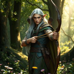 A majestic male forest elf archer standing elegantly in an ancient woodland, his keen emerald eyes focused ahead