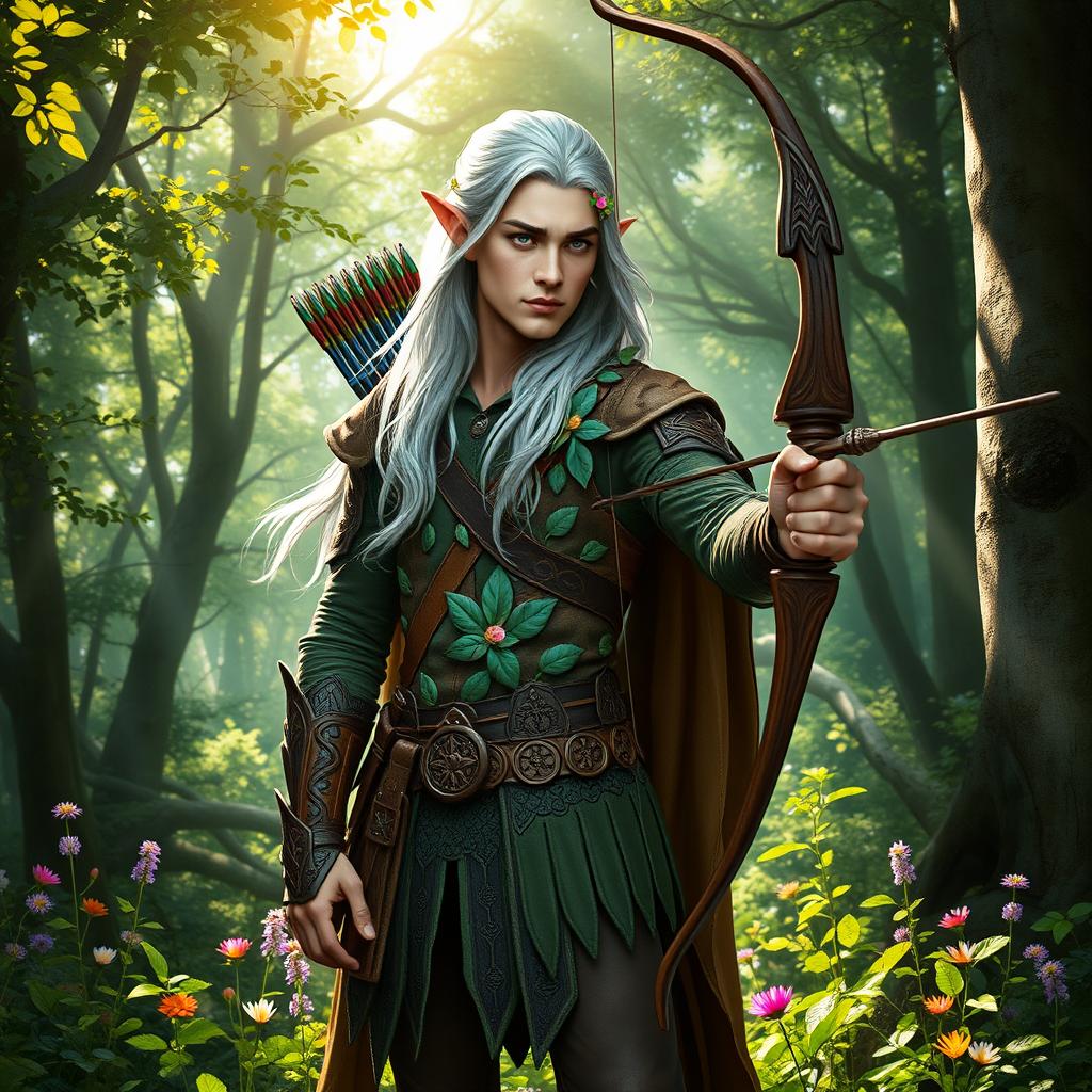 A majestic male forest elf archer standing elegantly in an ancient woodland, his keen emerald eyes focused ahead