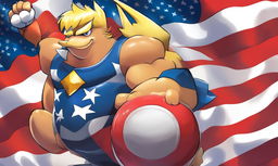 Cartoon image of a muscular Donald Trump as a Pokemon character, holding a stylized Pokeball against an American flag backdrop