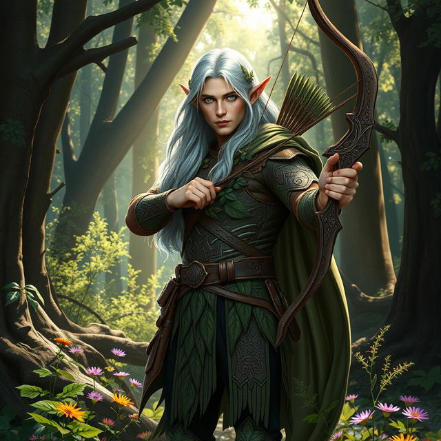 A majestic male forest elf archer standing elegantly in an ancient woodland, his keen emerald eyes focused ahead