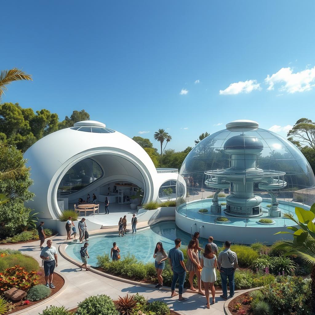 An advanced futuristic sustainable water collection and treatment facility set against a backdrop of nature