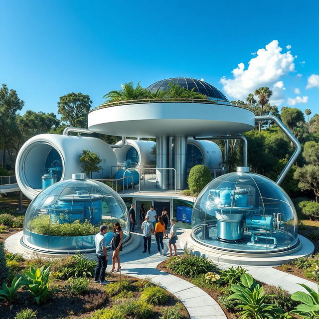 An advanced futuristic sustainable water collection and treatment facility set against a backdrop of nature