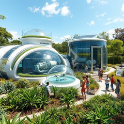 An advanced futuristic sustainable water collection and treatment facility set against a backdrop of nature