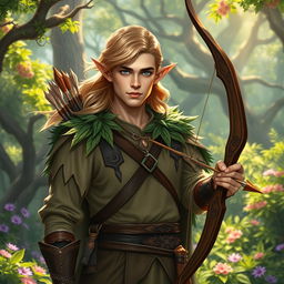 A handsome male forest elf ranger standing confidently in a vibrant, sprawling forest